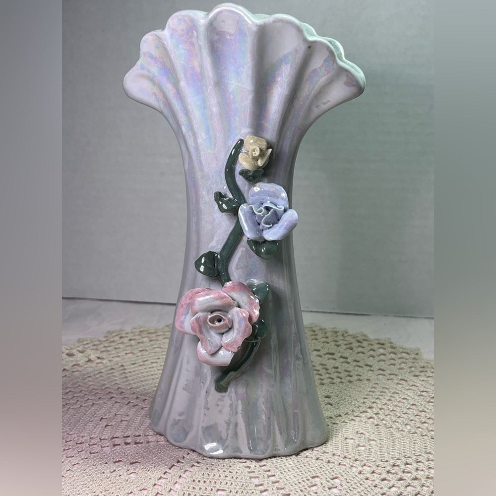 Vintage Lusterware Pink Roses & Stems Vase